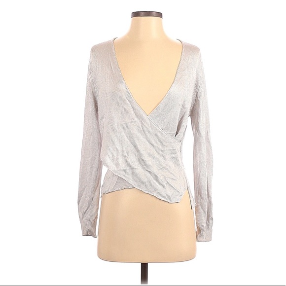 Michelle Mason Metallic Cross Wrap Silver Sweater Blouse - Picture 5 of 8